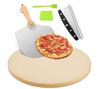 GOFOWRK Pizza Stone 5 PCS Set, 38 cm Large Round Pizza Stone Set for Oven & Outdoor Grill with Metal Pizza Peels & Cutter Rocker, 1.5 cm Thickened Stone Pizza Pan, Grill Baking Stone for Pizza, Bread