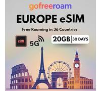 GoFreeRoam Europe eSIM, 20GB 5G Data, 30 Days, 40-Country Coverage, Instant Digital Delivery
