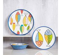 Gofunfun Melamine Dinnerware set for 4, Plates and Bowls Sets, Great for Camper, RV, Indoors Outdoors Use with Ocean Printed, Unbreakable