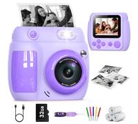 Gofunly Kids Camera Instant Print, 2.4'' Digital Camera for Kids 32GB Card & 3 Rolls Print Paper, 1080P HD, Birthday Gifts Toys for Boys Girls Ages 3-10, Purple