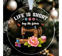 GoGi93Art Life is Short Buy The Fabric Ornament - Acrylic Holiday Decoration with Sewing Machine and Threads - Quilting Themed Hanging Xmas Tree Decor
