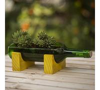 GoGiftid Upcycled Planter with Wooden Stand Created Using Wine Bottle | Eco-Friendly Indoor Outdoor Plant Pot with Drainage Hole | Recycled Green Glass Bottle with Cork & Rope Wrap