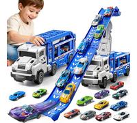 GOGIHCCH 3-in-1 Kids Carrier Truck Toy Car Tracks for Toddlers 2-4 Years Old with 12 Racing Cars Toys, Foldable Chasing Race Track and Car Garage, Car Ramps Birthday Gift for Boys Girls 3-5 4-8(Blue)