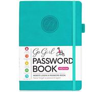 GoGirl Password Book Keeper with Alphabetical Tabs, 13.5 x 19cm, Turquoise | Internet addresses and passwords, medium 13.5 x 19cm logbook for organized website login records, large print for seniors