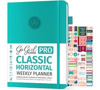 GoGirl Planner PRO - Undated Horizontal Layout Weekly Planner and Organizer + Budgeting and Expense Tracking Pages, Goals Journal & Agenda, 18 x 25.5cm, Hardcover, Lasts 1 Year - Turquoise