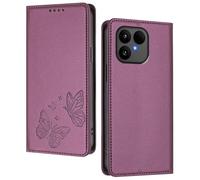 GOGME Case for Fairphone 6, Premium Leather Flip Cover with Butterfly Emboss, Card Holder, Kickstand, Shockproof Bumper, Wallet Shell - Dark Purple