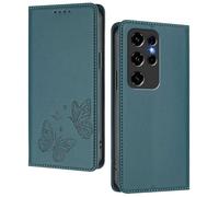 GOGME Case for Oukitel C2, Premium Leather Flip Cover with Butterfly Emboss, Card Holder, Kickstand, Shockproof Bumper, Wallet Shell - Dark Green