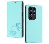 GOGME Case for Oukitel C2, Premium Leather Flip Cover with Butterfly Emboss, Card Holder, Kickstand, Shockproof Bumper, Wallet Shell - Light Green