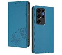 GOGME Case for Oukitel C2, Premium Leather Flip Cover with Butterfly Emboss, Card Holder, Kickstand, Shockproof Bumper, Wallet Shell - Light Blue