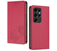 GOGME Case for Oukitel C2, Premium Leather Flip Cover with Butterfly Emboss, Card Holder, Kickstand, Shockproof Bumper, Wallet Shell - Red