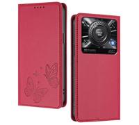 GOGME Case for Oukitel C60 / C60 Pro, Premium Leather Flip Cover with Butterfly Emboss, Card Holder, Kickstand, Shockproof Bumper, Wallet Shell - Red