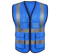 GOGO 5 Pockets High Visibility Zipper Front Breathable Safety Vest with Reflective Strips, Uniform Vest-Blue-L