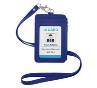 GOGO Badge Holder with Zipper Pocket, Blue - PU Leather, Detachable Neck Lanyard, 3 Card Slots, Cash Storage