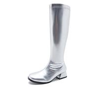 GOGO Boots for Women, Knee High Boots, Low Block Heel Zipper Boots Ladies Party Dance Shoes, Silver, 9.5