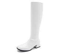 Gogo Boots for Women Square Toe Chunky Knee High Side Zipper Boot Disco Costumes Dress Party White 8