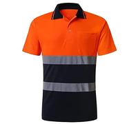 GOGO High Visibility Reflective Short Sleeve Polo Shirt, Hi-Visibility Pocket Tee-Orange/Navy-M