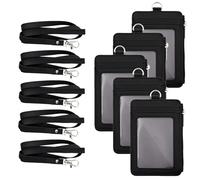 GOGO Professional ID Badge Holder 2-Sided Vertical Style PU Leather with Zipper Pocket and Leather Neck Lanyard-Black5PCS