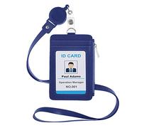 GOGO PU Leather Badge Holder Name Tag ID Card Holder Wallet Case with Retractable Reel Neck Lanyard-Blue