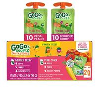 GoGo SqueeZ Fruit & VeggieZ Variety Pack, Pedal Peach and Boulder Berry, 3.2 oz (Pack of 20), Unsweetened Snacks for Kids, Gluten Free, Nut Free, Dairy Free, Recloseable Cap, BPA Free Pouches