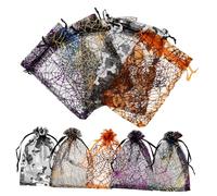 Gogogmee 100Pcs Halloween Spider Web Gauze Drawstring Bags Reusable Candy Bundle Pouches Mixed Colors for Party Storage and Treat Holders