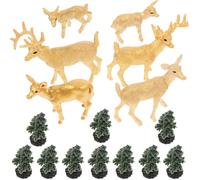 Gogogmee 16pcs Christmas Miniatures Figurine Set 10 Miniature Pine Trees and 6 Golden Whitetail Deer, Tiny Christmas Decor for Holiday Tabletop and Diorama Scenes