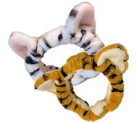 Gogogmee 2pcs Kawaii Plush Tiger Ears Hair Accessories Elastic Stretch Headband for Face Washing Makeup and Spa for Girls Comfortable Wide Hair Wraps in White Yellow