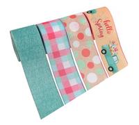 Gogogmee 3cm Wired Edge Easter Ribbon Set, 4 Rolls 5 Yards Each, Colorful Flower and Striped Buffalo Plaid Patterns for Spring Crafting, Wrapping, Wreaths and Party Decoration