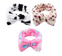 Gogogmee 3Pcs Elastic Plush Headband for Women Soft Breathable Bowknot Hair Bands for Face Washing Makeup Skincare and Sports Comfortable Skin-friendly with Pink Rabbit Cow Leopard Patterns