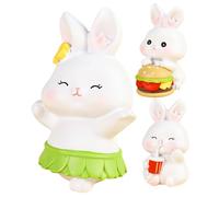 Gogogmee 3Pcs Resin Miniature Rabbit Figurines Set - Cute Bunny Cake Toppers with Hamburger, Grass Skirt, Soft Drink Designs - Miniature Garden Decor for ’S Party and Desk Display