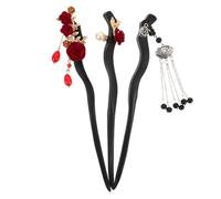 Gogogmee 3pcs Wooden Rose Hair Chopsticks with Dangling Tassels Polished Updo Chignon Pins for Women and Vintage Hanfu Hair Accessories with Smooth Finish and Detailed Floral Design
