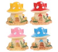 Gogogmee 4Pcs Cartoon Mushroom House Figurines Resin Miniature Desktop Decor for Fairy Garden Micro Landscape DIY Accessories with Pink Red Yellow Blue Colors
