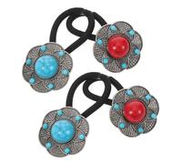 Gogogmee 4pcs Ethnic Style Vintage Floral Hair Rings for Women Handmade Elastic Scrunchies with Boho Flower Design Decorative Hair Bands in Blue and Red Strong No-damage Ponytail Holders