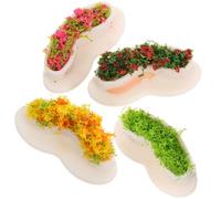 Gogogmee 4pcs Miniature Flower Bed Bench for Dollhouse Landscape Mini Garden Furniture Model with Red Orange Flowers and Green Grass Decorative Public Rest Area Seating for DIY Craft and
