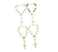 Gogogmee 4pcs Multi Color Glass Pearl Rosary Bracelet with Cross Pendant Handcrafted Bent Pin Design for Religious Praying and Decorative Use Versatile Wrist and Car Charm for Baptism Yoga