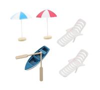 Gogogmee Beach Style Miniature Decoration for DIY Fairy Garden Includes Medium Red and Blue Umbrellas Two Beach Chairs and Blue Miniature Boat Oars Creative Mini Decor for Home and Micro