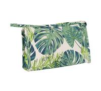 Gogogmee Canvas Cosmetic Bag with Tropical Monstera Print, Portable Green Makeup Pouch for Travel and Bathroom Storage