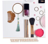 Gogogmee Hand-carved Wooden Comb and Compact Makeup Mirror Set with Tassel Lightweight Vintage Detangling Tool for Travel Home Office Gentle Hair High Clarity Reflection