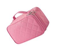 Gogogmee Portable Double-Layer Makeup Bag with Mini Mirror Nylon Travel Toiletry Pouch for Men and Women Upright Stand Cosmetic Organizer with Zipper Privacy Protection Large Capacity Pink