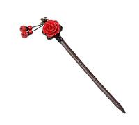 Gogogmee Retro Hairpin with Red Flower Design Vintage Wooden Hair Stick for Women Delicate Chinese Hair Accessory for Weddings Birthdays and Daily Wear