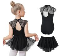 Gogokids 2 Pack Ballet Dress for Girls, Kids Short Sleeve Gymnastics Costume with Removable Shiny Skirt, Children Ballet Dancewear Set Perfect for 3-11 Years (Black, 120(110-120 cm,4-5Y))