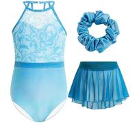 Gogokids Girls 3 PCS Halter Gymnastics Set, Kids Gymnastics Leotard with Rhinestone & Mesh Floral Design, Sparkling Ballet Unitards Includes Leotard, Chiffon Skirt & Hair Tie Gymnastics Gifts for 8-9