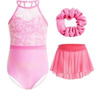 Gogokids Girls 3 PCS Halter Gymnastics Set, Kids Gymnastics Leotard with Rhinestone & Mesh Floral Design, Sparkling Ballet Unitards Includes Leotard, Chiffon Skirt & Hair Tie Gymnastics Gifts for 8-9