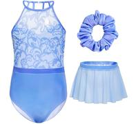 Gogokids Girls 3 PCS Halter Gymnastics Set, Kids Gymnastics Leotard with Rhinestone & Mesh Floral Design, Sparkling Ballet Unitards Includes Leotard, Chiffon Skirt & Hair Tie Gymnastics Gifts for 6-7
