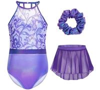 Gogokids Girls 3 PCS Halter Gymnastics Set, Kids Gymnastics Leotard with Rhinestone & Mesh Floral Design, Sparkling Ballet Unitards Includes Leotard, Chiffon Skirt & Hair Tie Gymnastics Gifts for 6-7