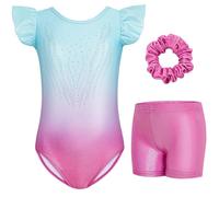 Gogokids Girls' 3 Piece Flutter Sleeve Gymnastics Set - Kids Gymnastics Leotards with Gradient Sequin & Glitter Design, Gymnastics Costumes Set Includes Leotard, Shorts and Hair Tie for Ages 8-9