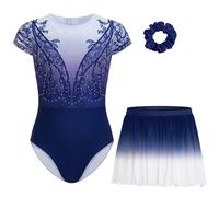 Gogokids Girls' Gymnastics Leotard Set with Skirt, Short Sleeve Sparkly Gems & Print Dancewear 3-Piece Gymnastic Unitard for Ballet, Yoga, Performance | Includes Hair Tie | Ages 3-12