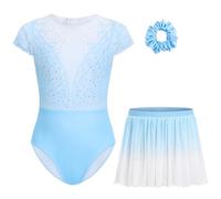 Gogokids Girls' Gymnastics Leotard Set with Skirt, Short Sleeve Sparkly Gems & Print Dancewear 3-Piece Gymnastic Unitard for Ballet, Yoga, Performance | Includes Hair Tie | Ages 3-12