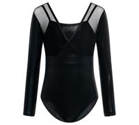 Gogokids Girls' Long Sleeve Gymnastics Leotard with V-Neck and Cross Straps Design - Kids Gymnastics outfit with Mesh Panels Glitter Ballet Unitard Perfect for Gym and Athletics, Ages 3-4 Girls