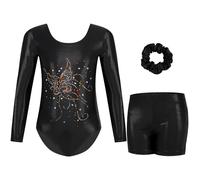 Gogokids Girls' Three-Piece Gymnastics Leotard Set, Long Sleeve Leotard with Shorts and Hairband, Sparkling Ballet Dancing Unitard - Gymnastics Outfit with Gradient Color Design for 6-7 Years