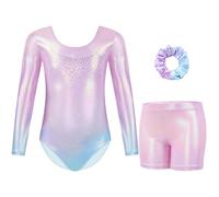 Gogokids Girls Three-Piece Gymnastics Leotards, Long Sleeve Gymnastics Set with Shorts and Hairband, Sparkling Ballet Dancing Unitards - Gymnastics Outfit with Gradient Color Design for 11-12 Years